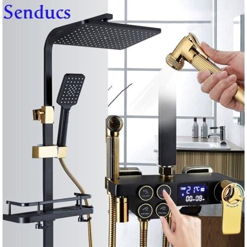 Hot Cold Digital Bathroom Shower Set Matte Black Thermostatic Bath Shower Set Round button Gold Bathroom Faucets Four modes
