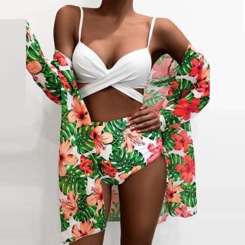 3 Piece Bikini Set Swimsuit Sexy Straps Bra + Cardigan Tops Bathing Suit 2021 Fashion Women Casual Printed Bikinis Swimwear