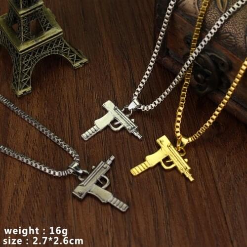 Cool Gothic Hip Hop UZI Kolye GUN Shape Pendant Necklace Gold/Black Silver Color Army Style Male Chain Men Necklaces Jewelry