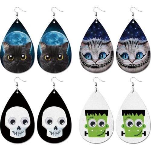 Cute Cartoon Pattern Cat Print Vegan Leather Teardrop Earrings for Women Skull Print Black Earrings All Saints' Day Jewelry