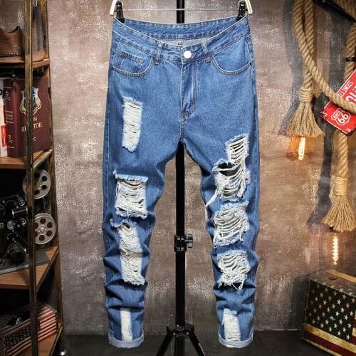 2021 New Classic Frayed Men Jeans Casual High Street Hip Hop Denim Pants Straight Male Cowboy Trousers