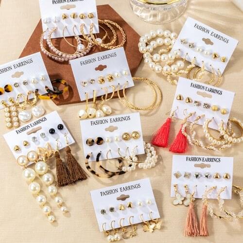 New Luxury Gold Metal Earrings Set For Women Fashion Geometric Pearl Circle Drop Earrings 2021 Trend Set Of Earrings Jewelry Set