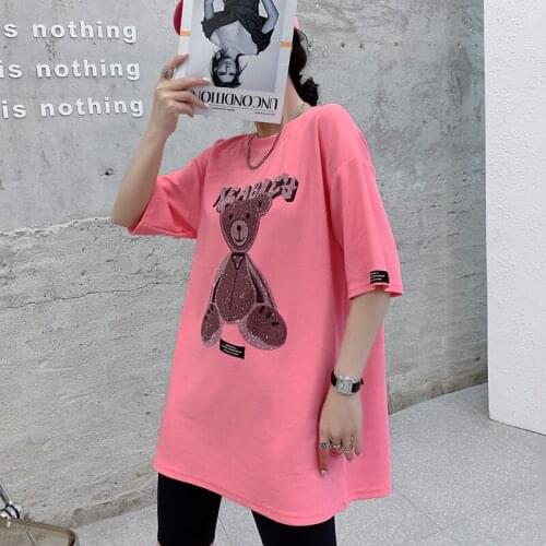 New Harajuku Women T-shirt Mid-length Little bear hot drilling Female Tops 2021Summer loose Short-Sleeved T-shirts