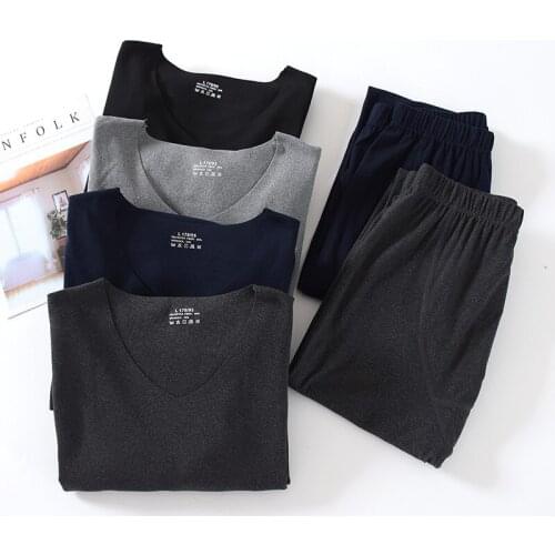 Mens pajamas thermal underwear autumn winter long-sleeve trousers simple solid color underwears suit seamless V-neck large size