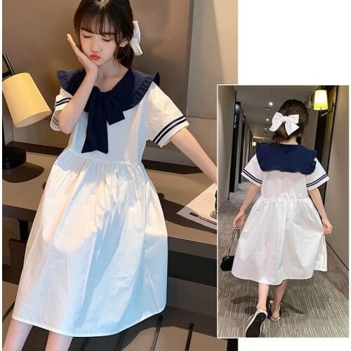 Summer Girls' Dress School Uniform Lapel Bowknot Stitching Loose Student Dress Big ChildrenS Clothing For Girls Teens 4-13 Year