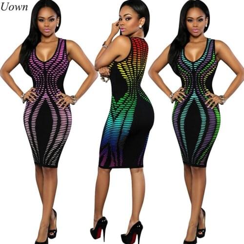 Fashion Pencil Formal Dress New Women Sexy Geometric Print O-Neck Sleeveless Midi Bodycon Dress Black Night Club Party Dresses