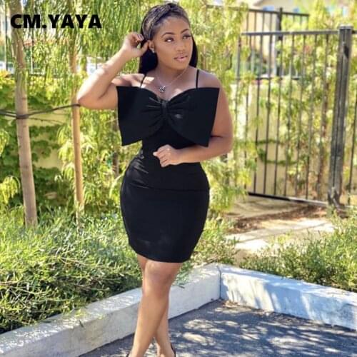 CM.YAYA Women Solid Bodycon Midi Mini Dress with Bow In Front Spaghetti Strap Sleeveless Bandage Pencil Dresses Summer
