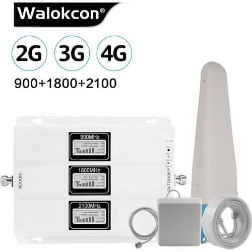 Walokcon 2G 3G 4G Tri Band Cellular Signal Repeater GSM 900 DCS/LTE 1800 WCDMA/UMTS 2100MHz Amplifier Mobile Signal Booster Set