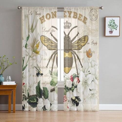 Bee Azalea Retro Flower Tulle Curtains for Living Room Bedroom Decoration Modern Chiffon Sheer Voile Kitchen Window Curtain