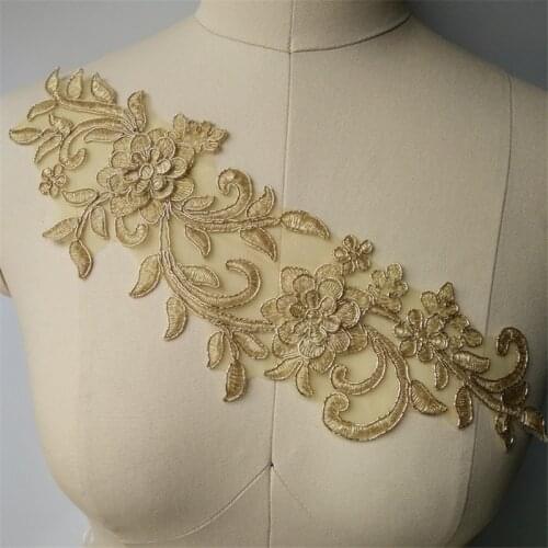 1Pc Gold Floral Motif Venise Venice Guipure Lace Trim Applique 8X 29cm BD0134