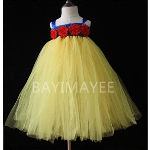 Hot Girls Yellow Princess Tutu Dress Kids Tulle Evening Dress Ball Gown with Red Flowers Children Birthday Party Costume Dresses