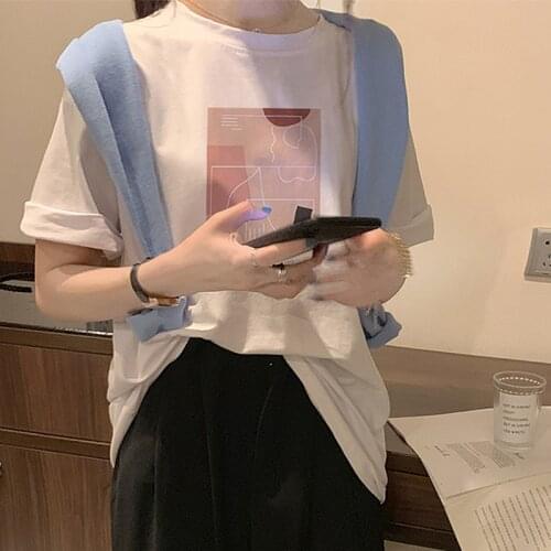Simple Harajuku Cotton T-shirt Women Short Sleeve Student Half Sleeve T-shirt Summer Loose Preppy Style Tees Ins Tops