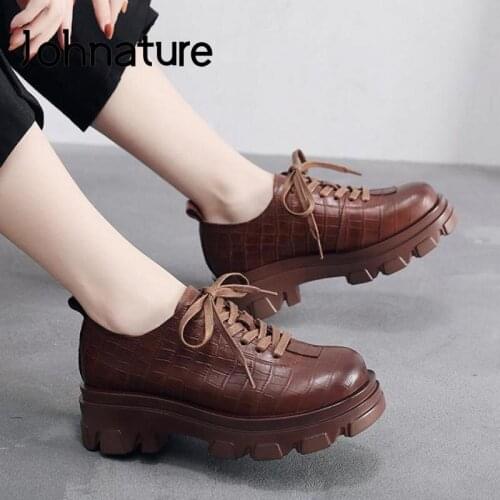 Johnature Spring/Autumn Pumps Women Shoes 2021 New Genuine Leather Platform Heels Lace-Up Retro Concise Handmade Ladies Shoes