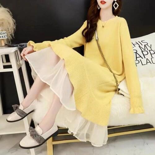 Women 2020 long knitted women dresses flare sleeved solid mesh patchwork lady elegant party dresses fashion outwear tops