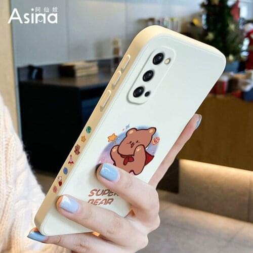 ASINA Liquid Silicone Case For OPPO Reno 5 4 3 2 Pro Cute Cartoon Straight Edge Cover Bumper For Realme X7 Find X3 X2 Lite Bear