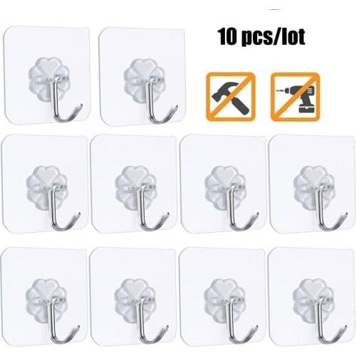 10 Pcs Adhesive Wall Hooks Transparent Reusable Anti-skid Traceless Heavy Duty Stick on Hooks Bathroom Kitchen Waterproof Hooks
