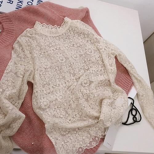 2021 Spring Lace Women Blouse Turtleneck Emboridery See Through Loose Slim Office Lady Elegant Shirts Pulls Tops