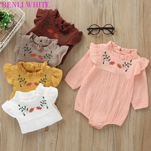 2020 Newborn Baby Girls Rompers Long Sleeve Cotton Linen Flower Embroidery Toddler Kids Clothes Autumn Breathable Jumpsuits
