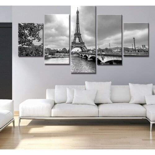 5 Panel Retro Modular Posters Wall Art Canvas HD Printed Oil Paintings Black And White Paris Tower Scene Pictures Home Decor