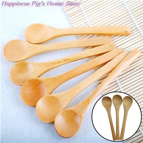 6PCS Wooden Soup Spoon Kitchen Cooking Teaspoons Condiment Utensil Coffee Scoops Kid Ice Cream Sugar Spoon Tableware Tool