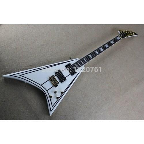 Free shipping Hot sell Jackson R abnormity v-shaped dovetail electric guitar white body dark stripes golden 14930