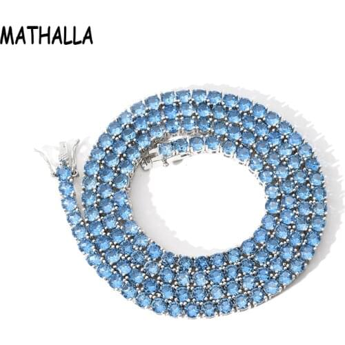 MATHALLA 4mm Tennis Chain Necklace Mens and Womens Bing Iced Sea Blue Cubic Zircon Hip Hop Jewelry as a Gift