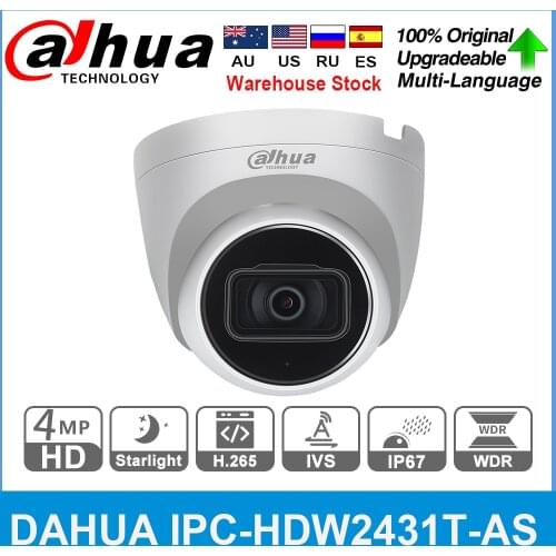 Dahua Original IPC-HDW2431T-AS-S2 4MP HD POE Built in MiC SD Card Slot H.265 IP67 30M IR Starlight IVS Upgradeable Dome Camera