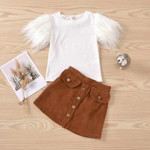 Kid Baby Clothes 2-7Y Baby Girl Clothes Feather short sleeve Top+A-Line Skirts 2pcs Autumn Girl Clothing Set