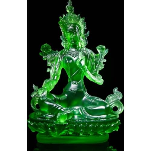 8.3"Tibet Tibetan Buddhism Resin Lotus Green Tara Kwan-yin GuanYin Buddha Statue