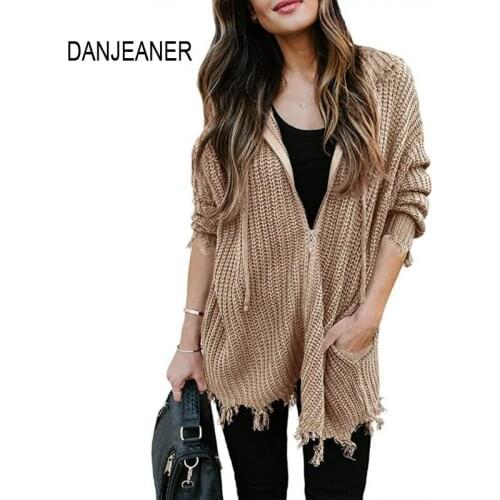DANJEANER Women Hooded Kintted Sweater Fashional Long Sleeve Ripped Zipper Drawstring Hooded Cardigan Female Solid Warm Coats