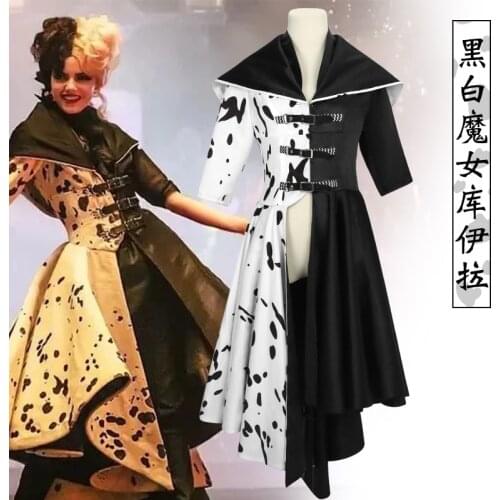 Halloween 2021 Cruella Costume Cosplay Evil Queen Black White Coat Evening Party Dress Fashion Emma Magic Performance Outfit