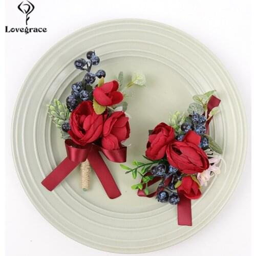 Red Silk Roses Wedding Corsage Bracelet for Bridesmaids Wedding Corsage and Boutonniere Groomsman Marriage Men Suit Decor Flower