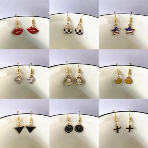 Cute Small Earrings Gold Color Fashion Triangle Lip Cross Shell Bag Earrings Imitation Pearl Drop Earrings For Women Girl