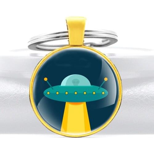Cute Fashion UFO Design Glass Dome Pendant Key Chain Unique Men Women Key Rings Child Jewelry Gifts Keychains
