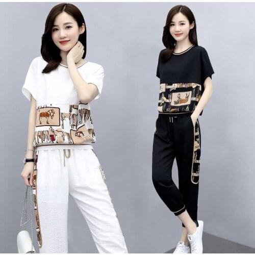 Fashion Summer Womens Two-piece Sportswear White Print Short Sleeve Round Neck Top Sports Suit Pencil Pants Sets Casual Trend