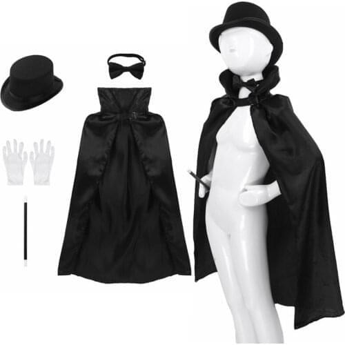 5Pcs Kids Magician Role Play Costume Outfit Cape Hat Magic Wand Gloves Necktie Set for Halloween Cosplay Fancy Party Dress Up