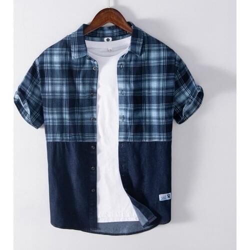 2021 New brand Italy plaid blue shirt men fashion patchwork casual shirts for men comfortable tops mens clothing chemise camisa