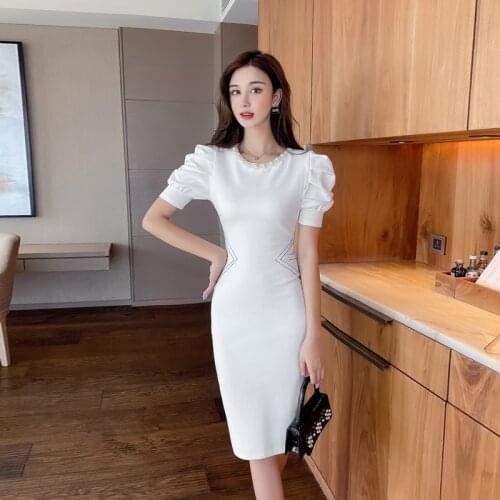 Simple style formal office ladies overalls elegant fluffy sleeves tight pencil skirt beaded summer 2021 hip wrap dress