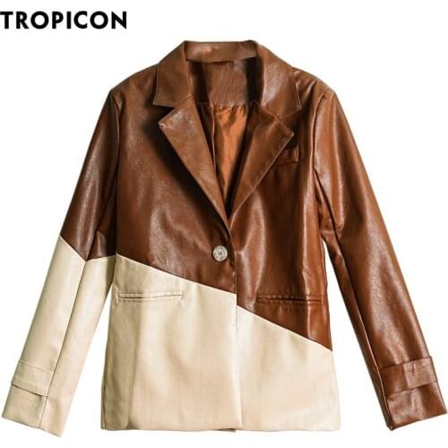 TROPICON Autumn Patchwork Leather Blazer Jacket Women Designer Ladies Coat Faux Leather Jacket High Street Fashion 2020