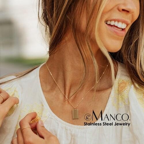 EManco necklace stainless steel Necklace Women Simple Long Chain Rectangular pendant Necklace Statement Couples Choker Gifts