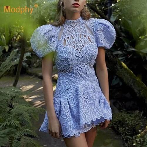 Sexy Evening Party Dress WomenS Bubble Short Sleeve High Waist Hollow Ruffle Irregular Mini Dress Female Summer Fashion New