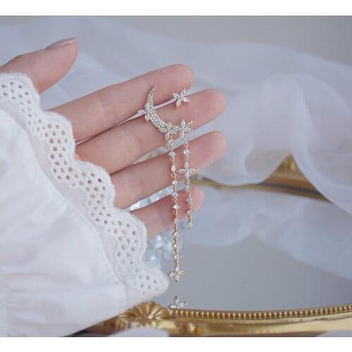 Korea Hot Fashion Jewelry 14K Real Gold Plating AAA Zircon Flower Asymmetric Long Earrings Elegant Womens Wedding Accessories