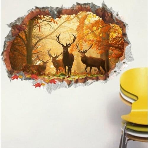Broken wall 3D Deer Elk forest wall sticker living room removable for home decoration background decals art landscape Stickers
