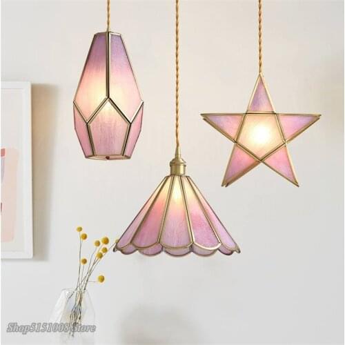Modern Retro Copper Pendant Lights Pink Girl Bedroom Bedside Glass Flower Hanging Lamps Dining Room Home Decor Lighting Fixtures