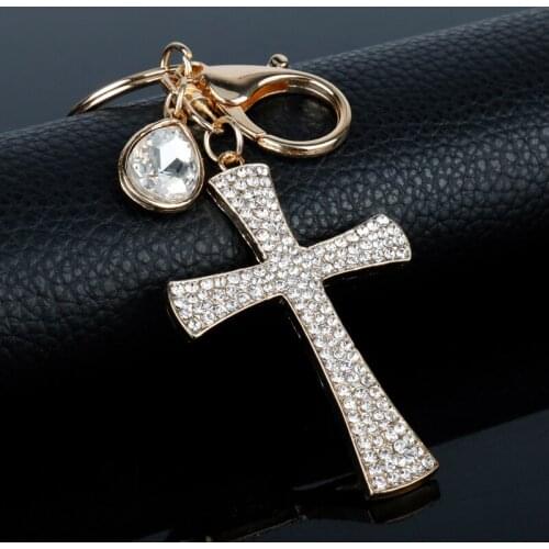 Rhinestone Design Crystal Cross Keyring Keychains Chic Lucky Purse Bag Pendant Car Women Key Chains Holder Ring Christian Gift