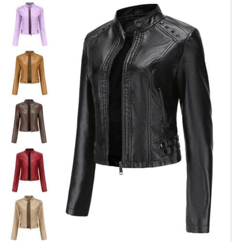 Fashion Women/Girl Stand Collar Rivet PU Faux Leather Long Sleeve Zipper Bomber Jacket Korean Version Elegant Slim Outerwear