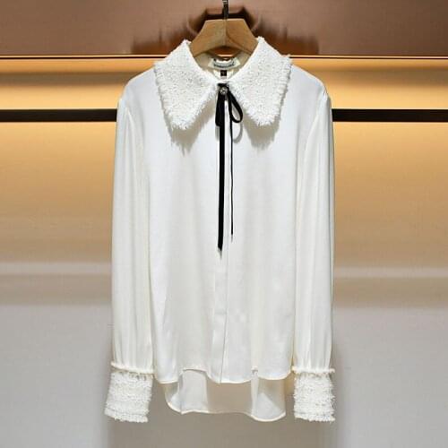 2020 winter womens tweed collar sleeve stitching chiffon shirt top s201335