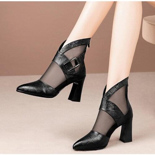 Women High Heeled Sandals Boots Pointed toe Thick Heel Gladiator Buckle Mesh Ankle Boot Black Spring/Autumn Shoes for Woman