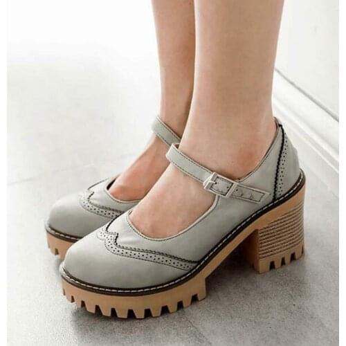 Womens Retro Round Toe Carved Brogues Ankle Strap High Chunky Heels Shoes Plus Size 3Colors New N01