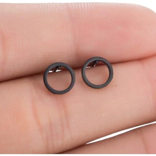 Rock Black Circle Stainless Steel Stud Earrings for Women Men Hollow Round Cute Mini Earring Girls Minimalist Jewelry Party Gift